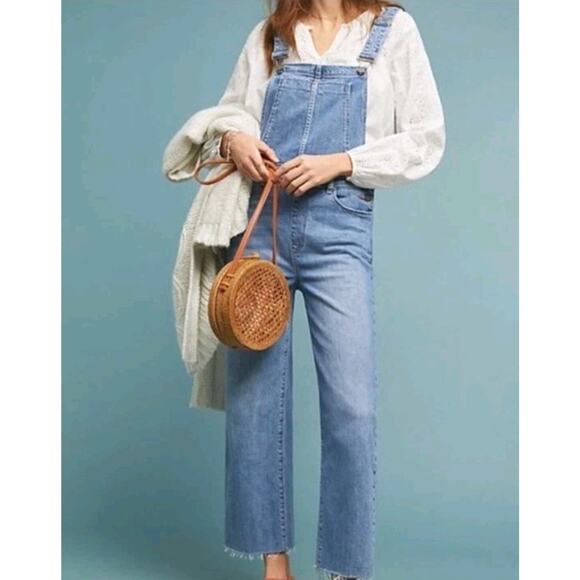 Anthropologie PAIGE Nellie Denim Raw Hem Overalls in Clarkson Wash Size 24 - Picture 1 of 15